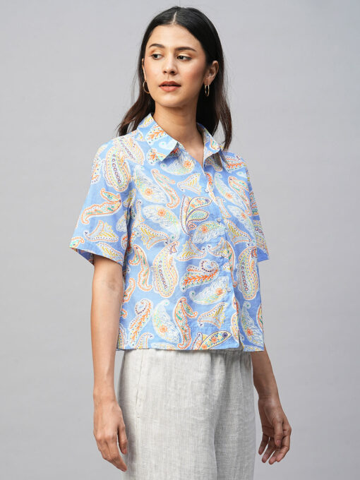 Women's Blue Cotton Regular Fit Blouse - Image 3