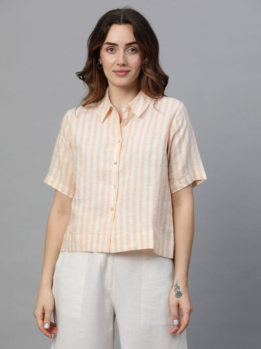 Women's Orange Linen Regular Fit Blouse - Image 2