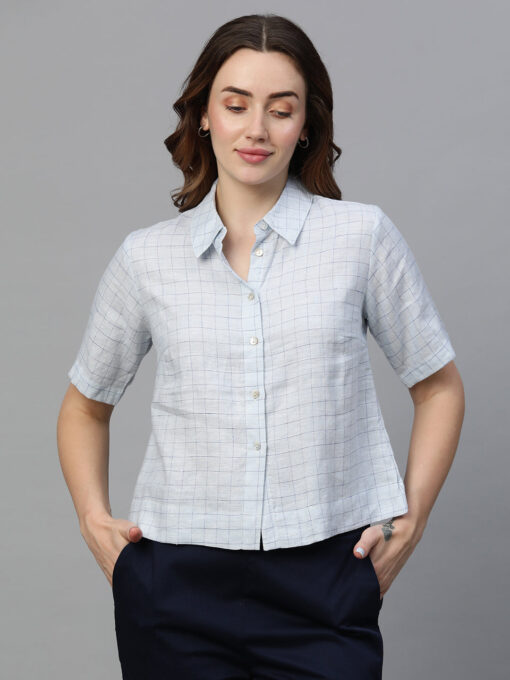 Women's Blue Linen Regular Fit Blouse - Image 2