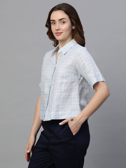 Women's Blue Linen Regular Fit Blouse - Image 3