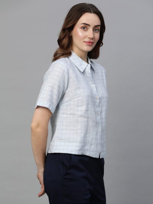 Women's Blue Linen Regular Fit Blouse - Image 4