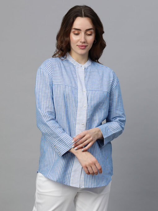 Women's Blue Linen Regular Fit Blouse - Image 2