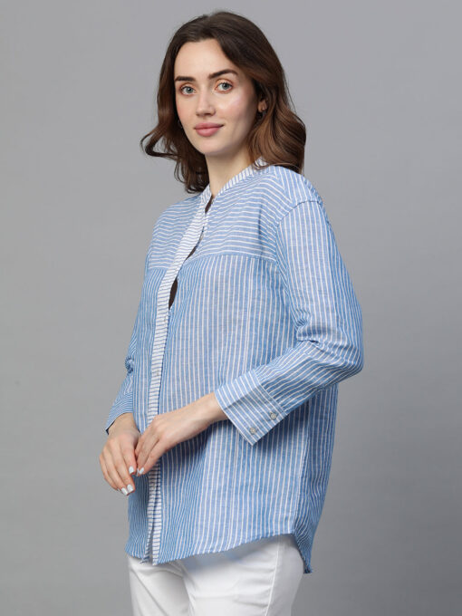 Women's Blue Linen Regular Fit Blouse - Image 3