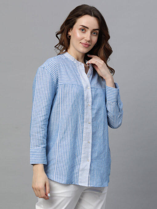 Women's Blue Linen Regular Fit Blouse - Image 4