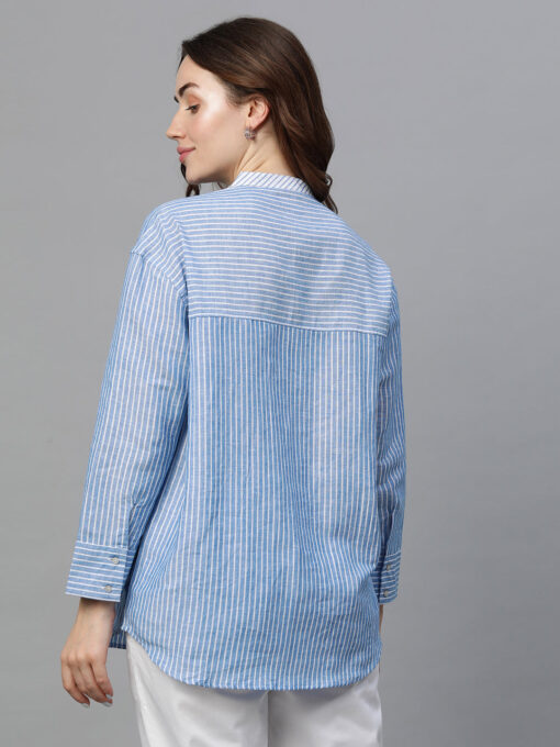 Women's Blue Linen Regular Fit Blouse - Image 5