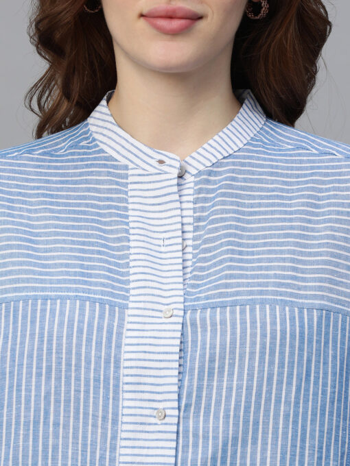 Women's Blue Linen Regular Fit Blouse - Image 6