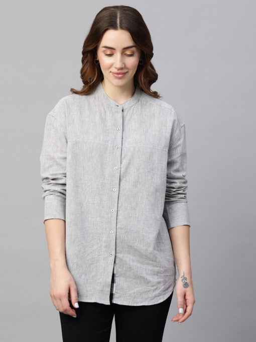 Women's Grey Cotton Linen Regular Fit Blouse - Image 2