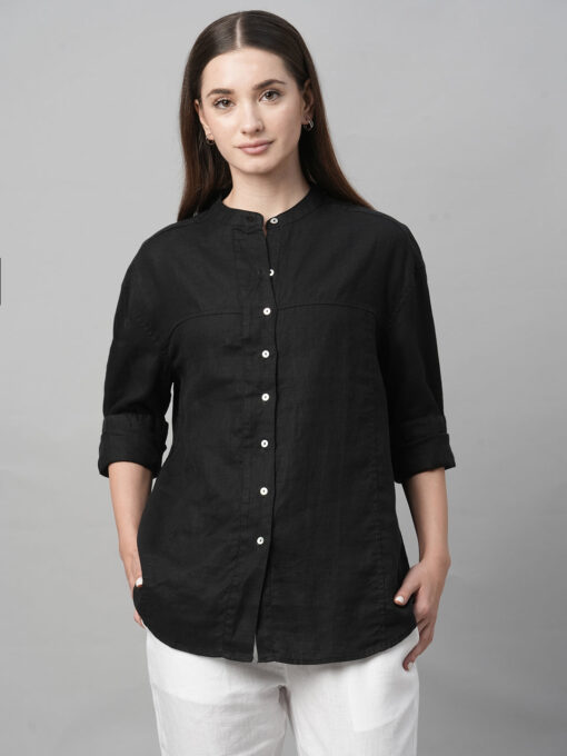 Women's Black Linen Loose Fit Blouse - Image 2