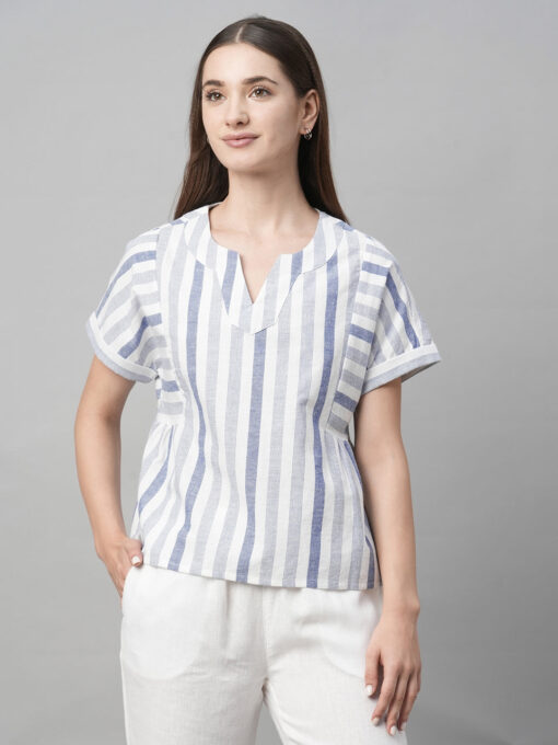 Women's Blue Cotton Linen Regular Fit Blouse - Image 2