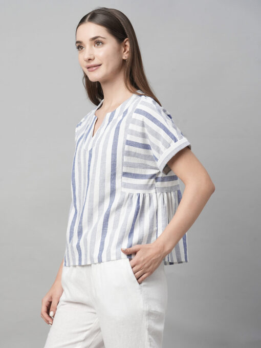 Women's Blue Cotton Linen Regular Fit Blouse - Image 3