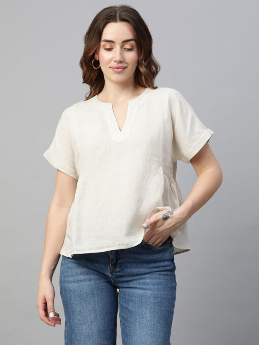 Women's Beige Linen Regular Fit Blouse - Image 3