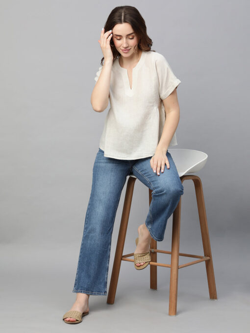 Women's Beige Linen Regular Fit Blouse - Image 2