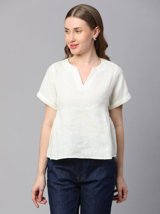 Women's White Linen Regular Fit Blouse - Image 2