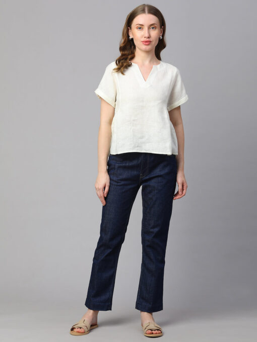 Women's White Linen Regular Fit Blouse