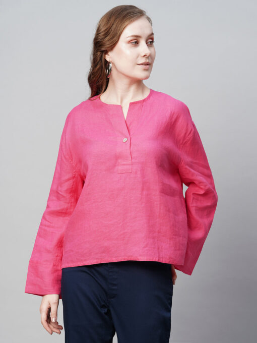 Women's Pink Linen Regular Fit Blouse - Image 2