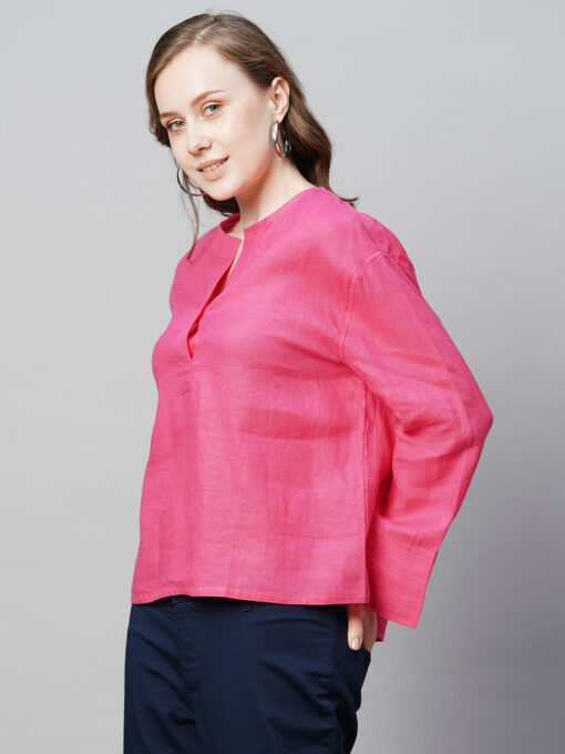 Women's Pink Linen Regular Fit Blouse - Image 3