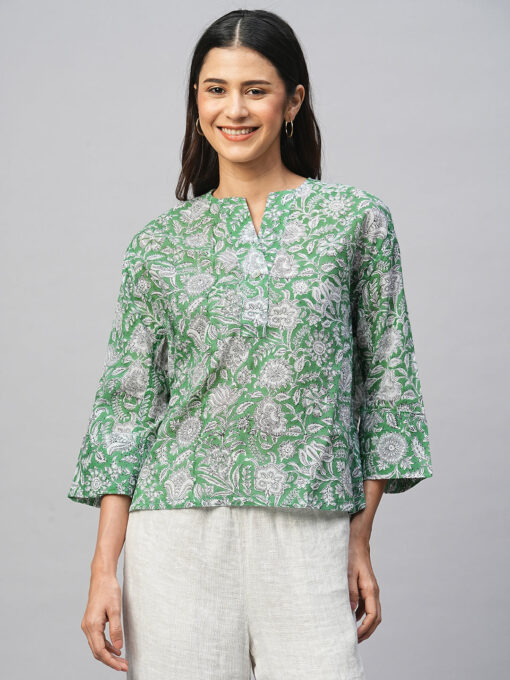 Women's Green Cotton Boxy Fit Blouse - Image 2