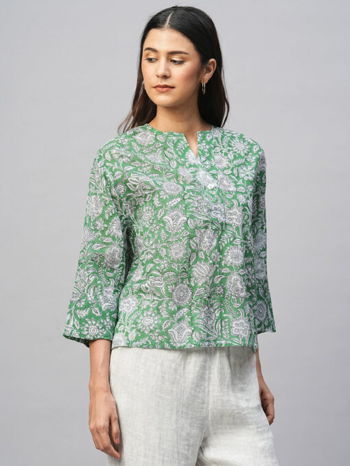 Women's Green Cotton Boxy Fit Blouse - Image 4