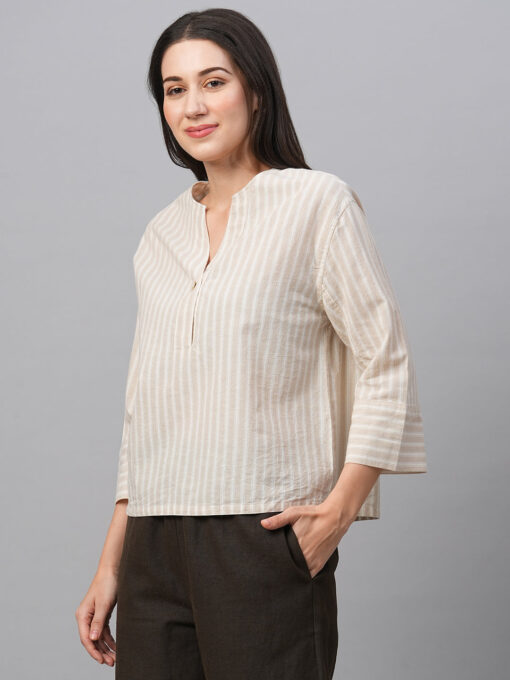 Women's Khaki Cotton Linen Regular Fit Blouse - Image 3