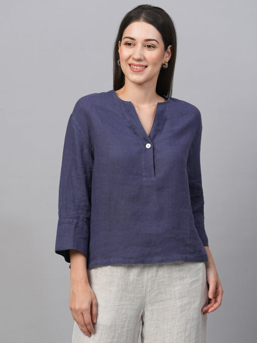 Women's Navy Linen Regular Fit Blouse - Image 2