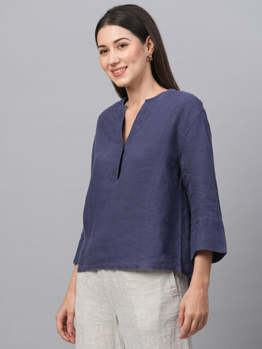 Women's Navy Linen Regular Fit Blouse - Image 3