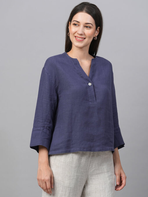 Women's Navy Linen Regular Fit Blouse - Image 4