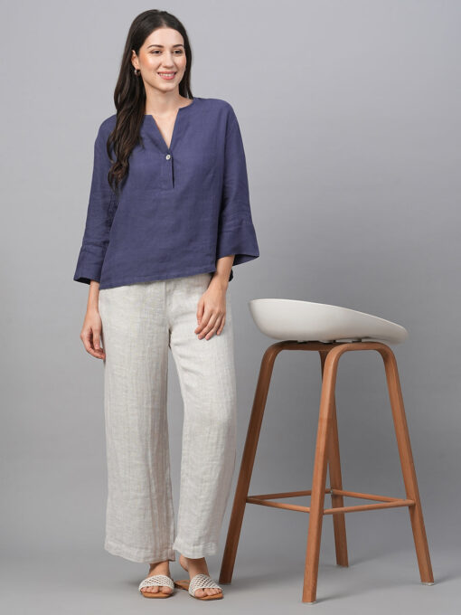 Women's Navy Linen Regular Fit Blouse