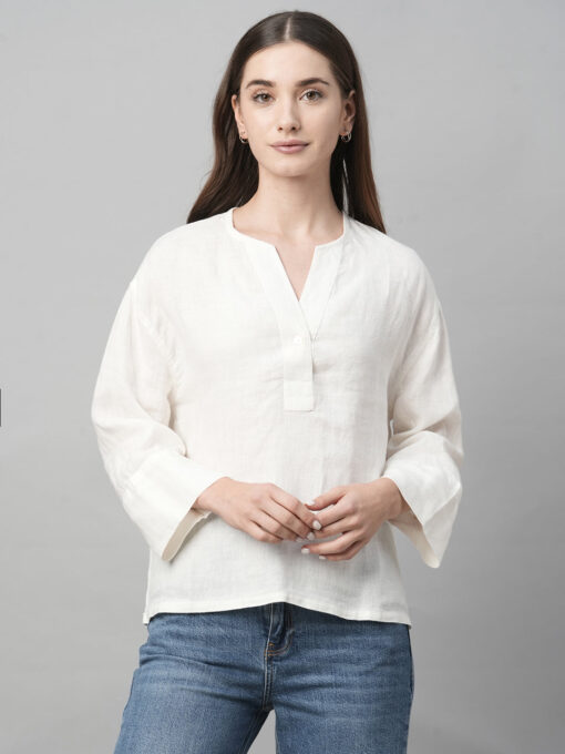 Women's White Linen Boxy Fit Blouse - Image 2