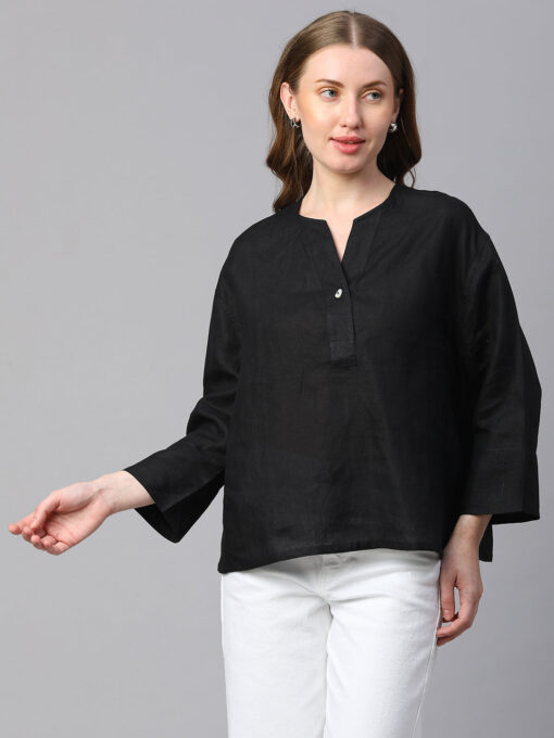 Women's Black Linen Boxy Fit Blouse - Image 2