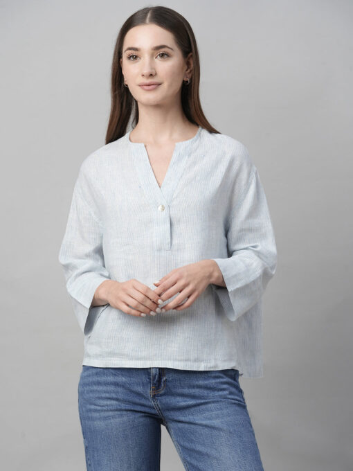 Women's Blue Linen Boxy Fit Blouse - Image 2