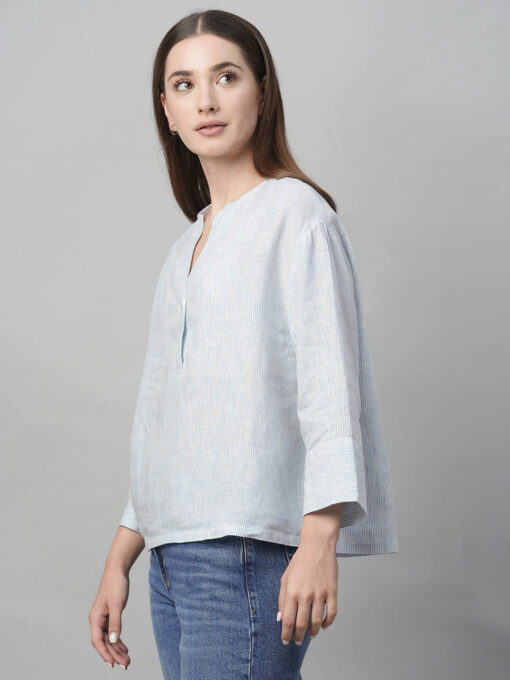 Women's Blue Linen Boxy Fit Blouse - Image 3