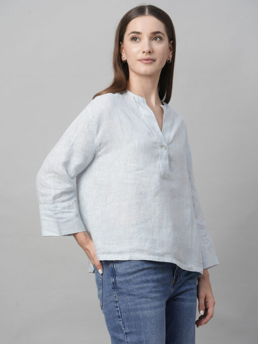 Women's Blue Linen Boxy Fit Blouse - Image 4