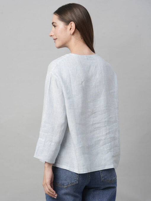 Women's Blue Linen Boxy Fit Blouse - Image 5