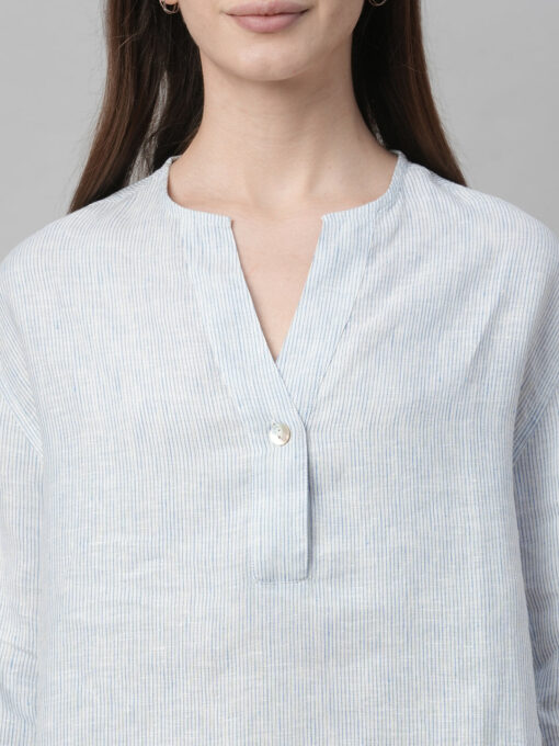 Women's Blue Linen Boxy Fit Blouse - Image 6