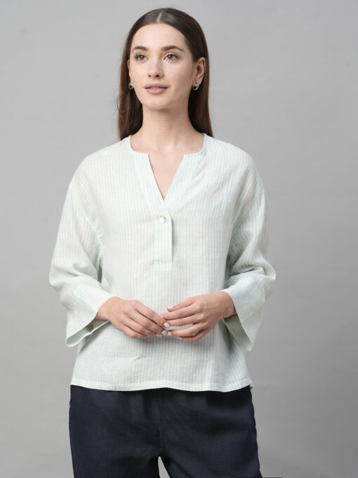 Women's Light Blue Linen Boxy Fit Blouse - Image 2