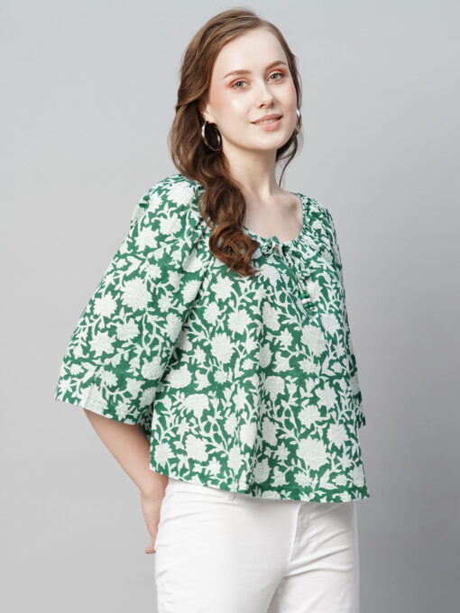 Women's Green Cotton Regular Fit Blouse - Image 3