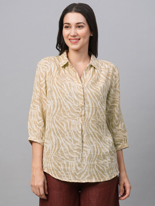 Women's Beige Cotton Linen Regular Fit Blouse - Image 2