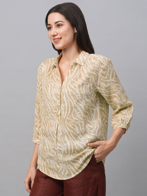 Women's Beige Cotton Linen Regular Fit Blouse - Image 3