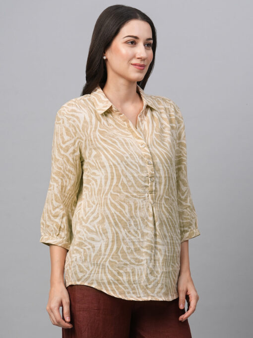 Women's Beige Cotton Linen Regular Fit Blouse - Image 4