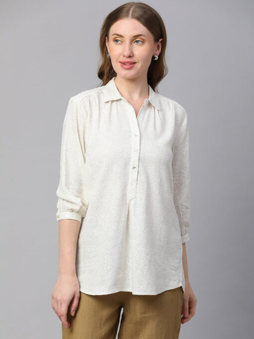 Women's Offwhite Linen Viscose Regular Fit Blouse - Image 2