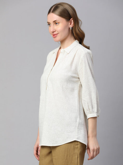 Women's Offwhite Linen Viscose Regular Fit Blouse - Image 3