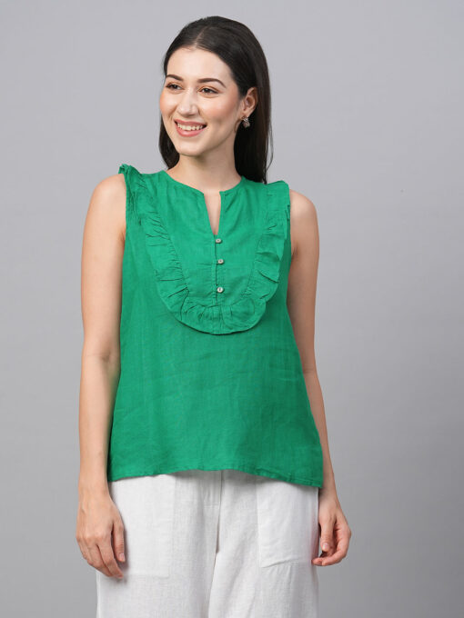 Women's Green 100% Linen Regular Fit Blouse - Image 3