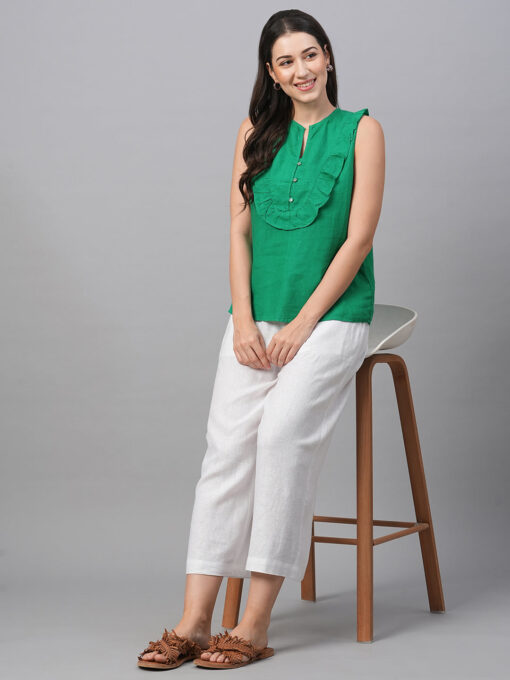 Women's Green 100% Linen Regular Fit Blouse - Image 2