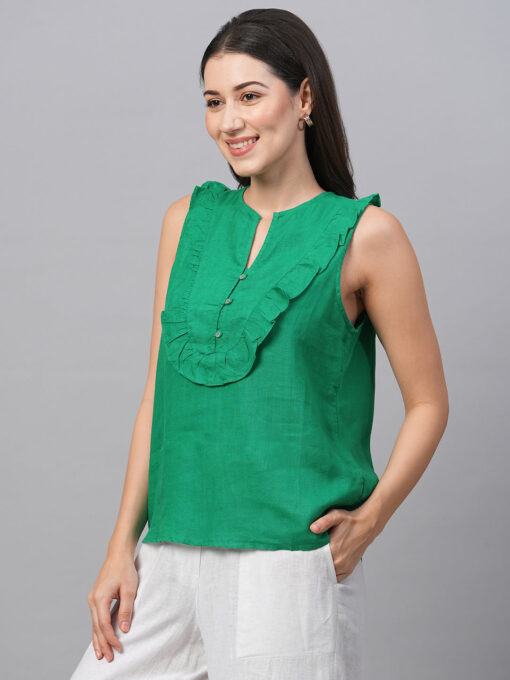 Women's Green 100% Linen Regular Fit Blouse - Image 4