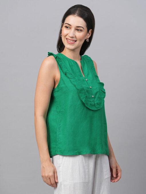 Women's Green 100% Linen Regular Fit Blouse - Image 5