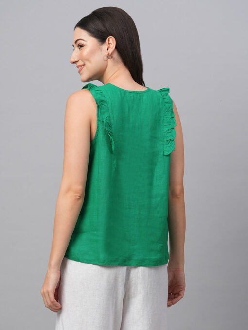 Women's Green 100% Linen Regular Fit Blouse - Image 6