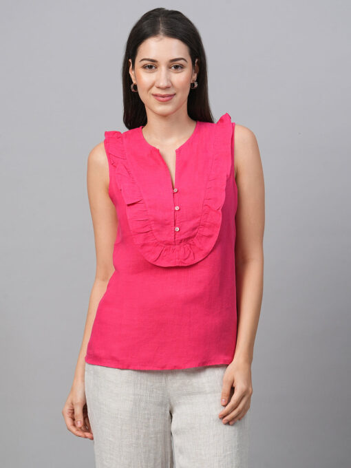 Women's Pink Linen Regular Fit Blouse - Image 2