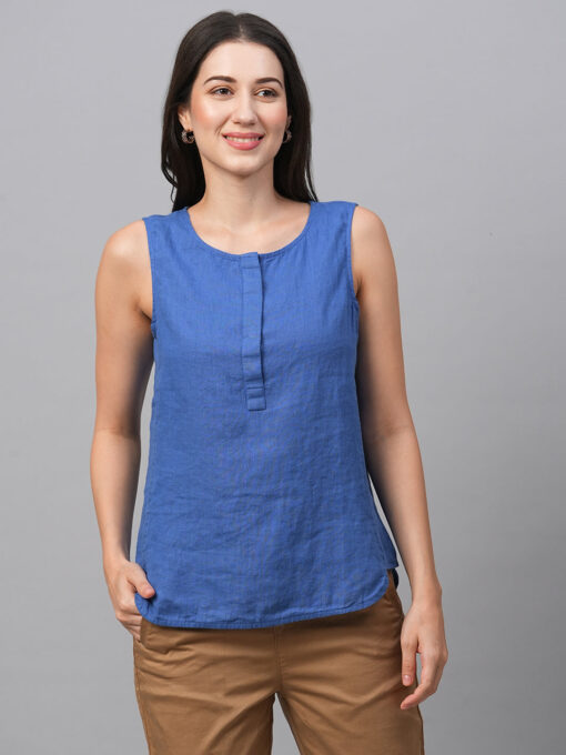 Women's Royalblue Linen Regular Fit Blouse - Image 2