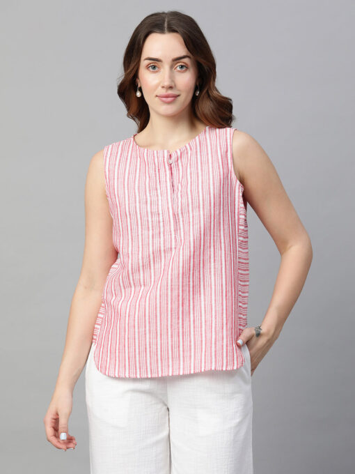 Women's Red Linen Regular Fit Blouse - Image 2