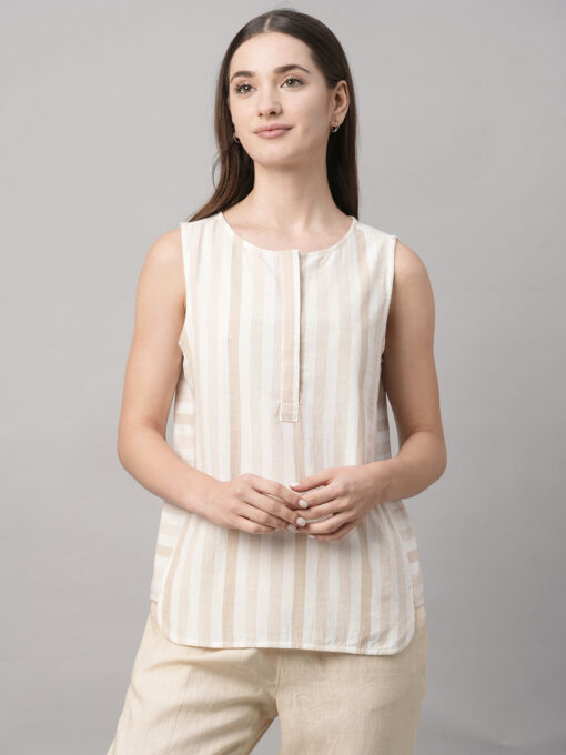 Women's Beige Cotton Linen Regular Fit Blouse - Image 3